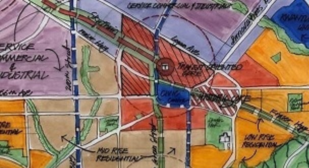 A hand-drawn concept map of land uses in Langley City.