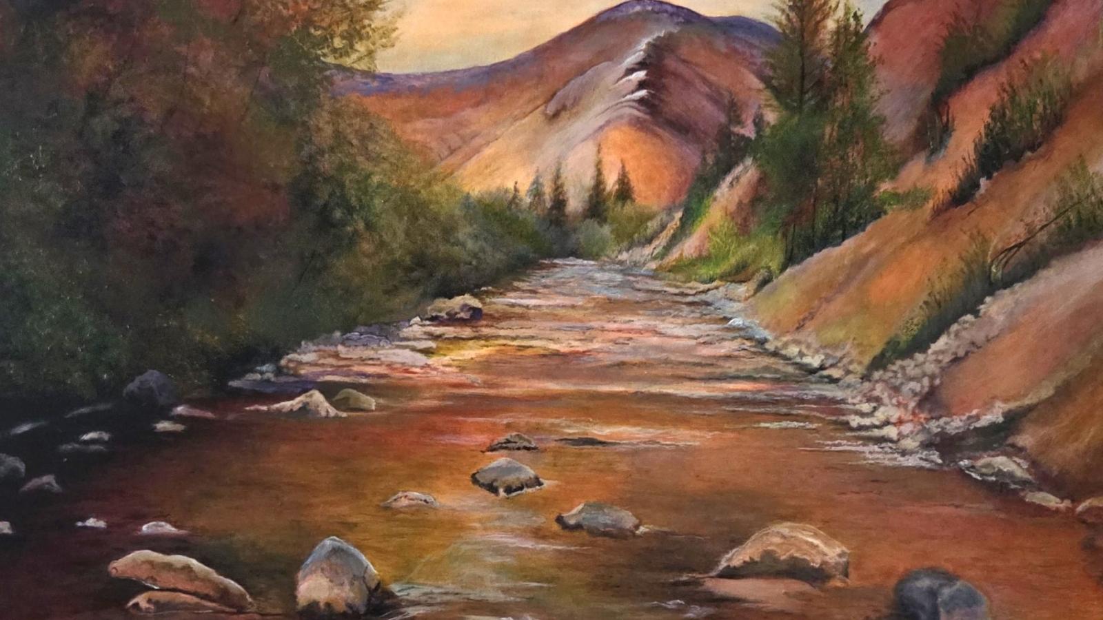 Calm river landscape in oil painting with soft reflections, natural scenery, and warm brown tonal hues.