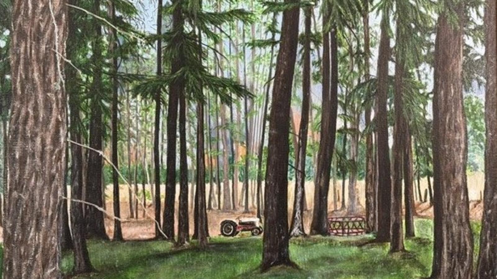 Copper Island, BC landscape in acrylic on canvas, featuring a tall forest with a tractor partially hidden behind the trees.