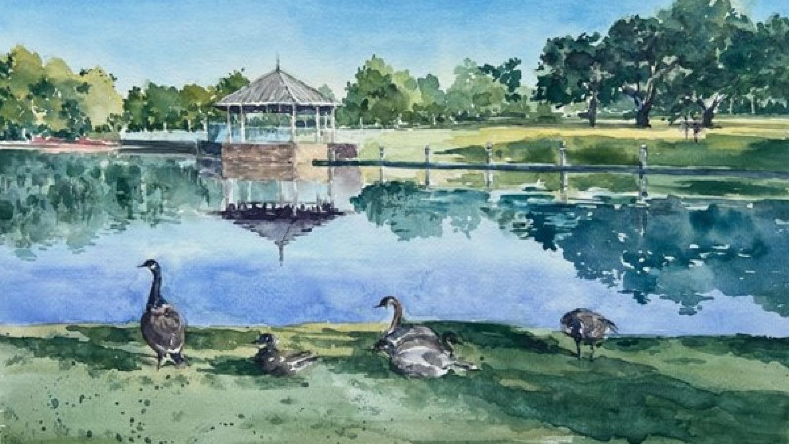 Ducks on a lake in watercolour on paper, featuring soft natural tones and gentle reflections.