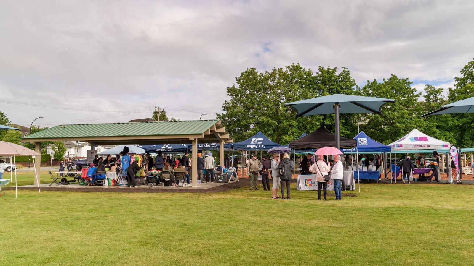 Residents using the new Sun Shades at a City event, called Social Streets