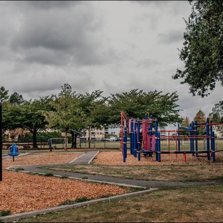 Playground equipment on a park. There are woodchips on the floor of the playground equipment.