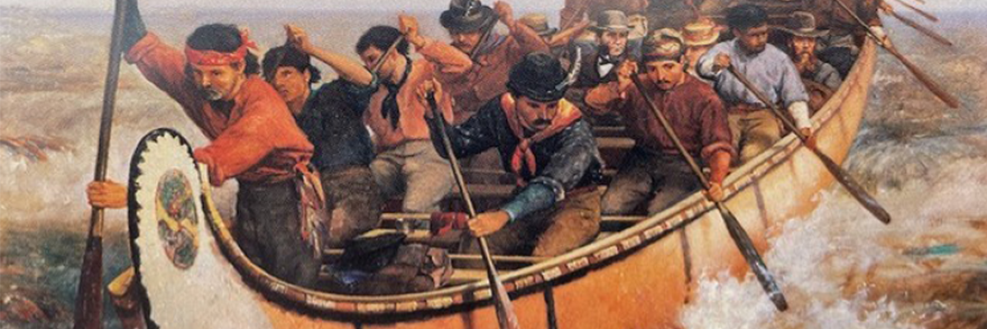 Men in a canoe on a voyageur expedition in the 1800's.