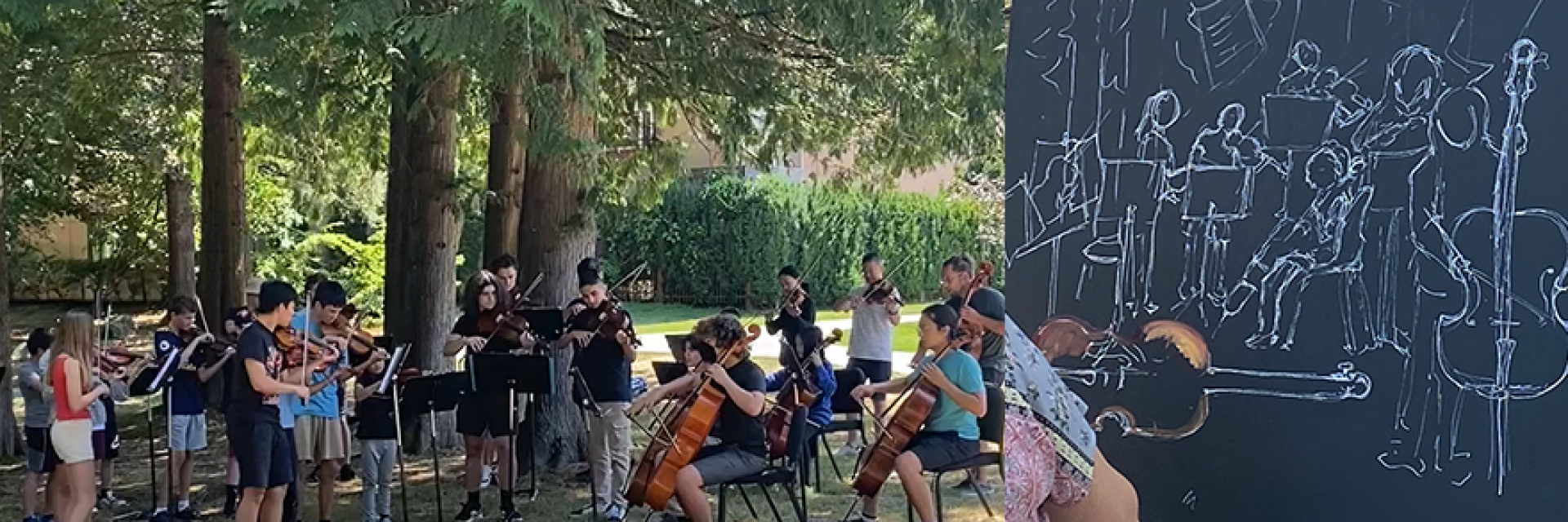 Musicians playing instruments outside in the park while artists are drawing and painting.