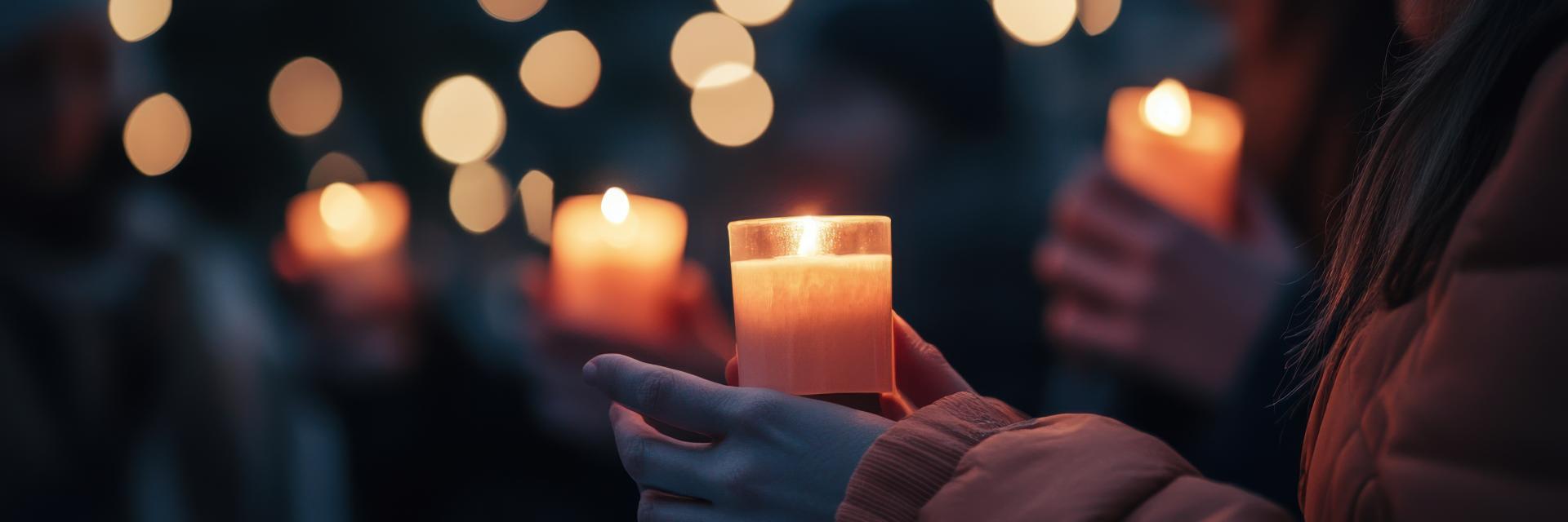 People standing outdoors holding candles.