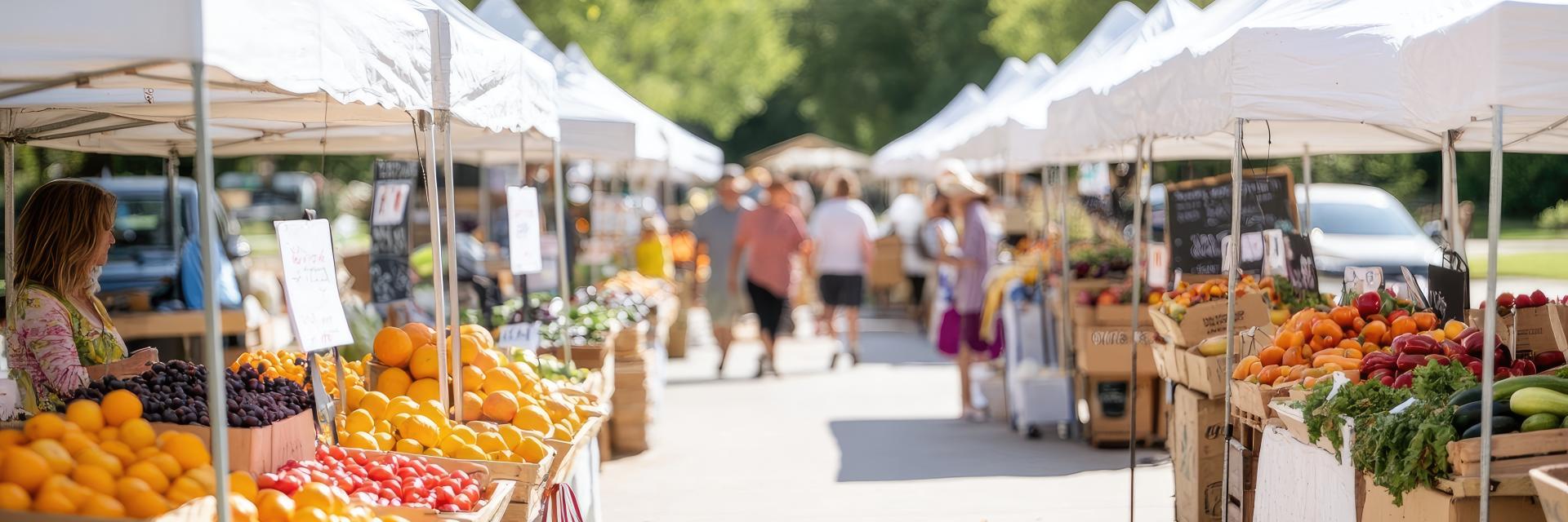 Rows of vegetable and fruit stand at an outdoor farmers market