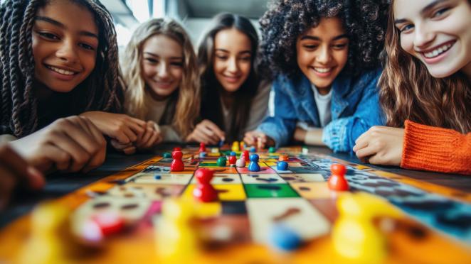 Four teenage girls playing a board game.