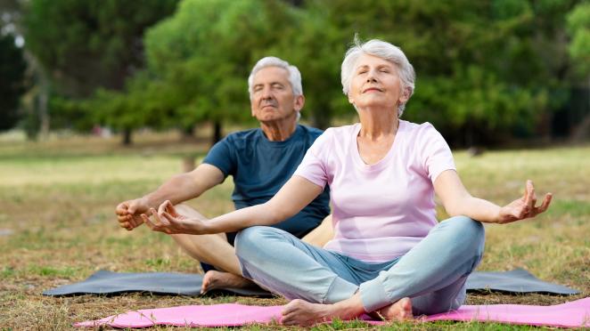Two senior adults taking part in a yoga class in a park.