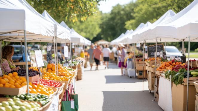 Rows of vegetable and fruit stand at an outdoor farmers market