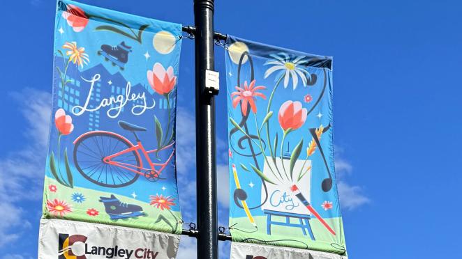 Colourful street banners hanging in Langley City