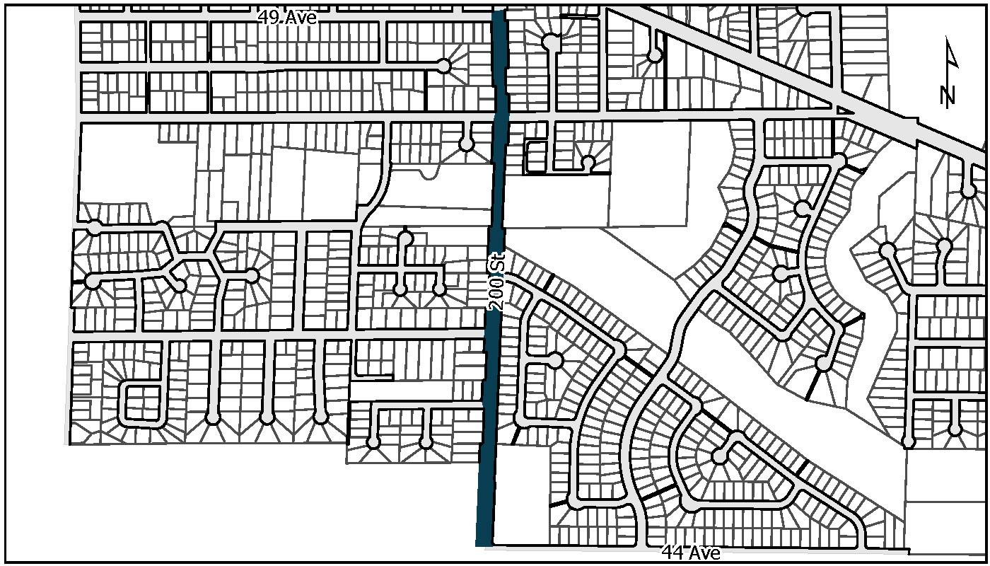 Map of 200 Street with project area coloured in dark blue.