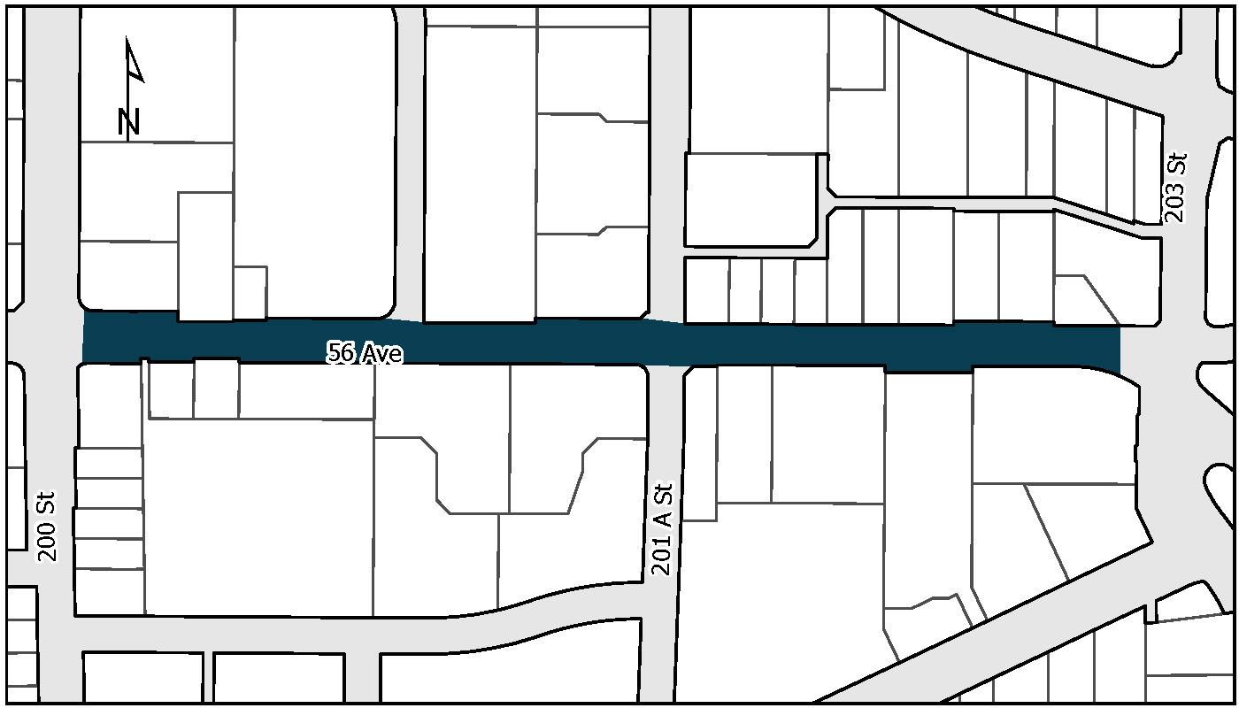 56 Ave map highlighting in dark blue the area that will have sewer replacement work done.