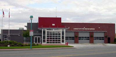 Red firehall with a cloudy background