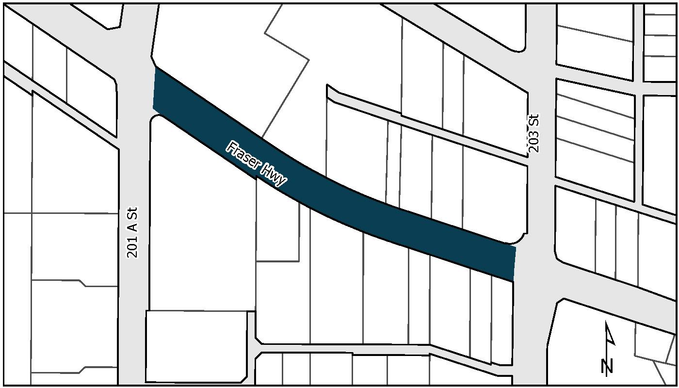 Map of Fraser Highway with project area coloured in dark blue.