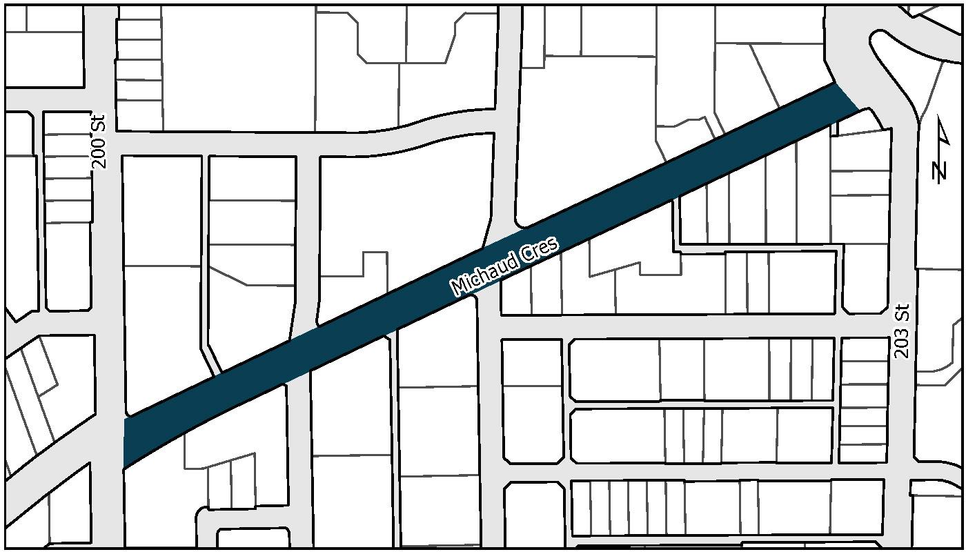 Map of Michaud Crescent highlighting project area. The project area is coloured in dark blue.