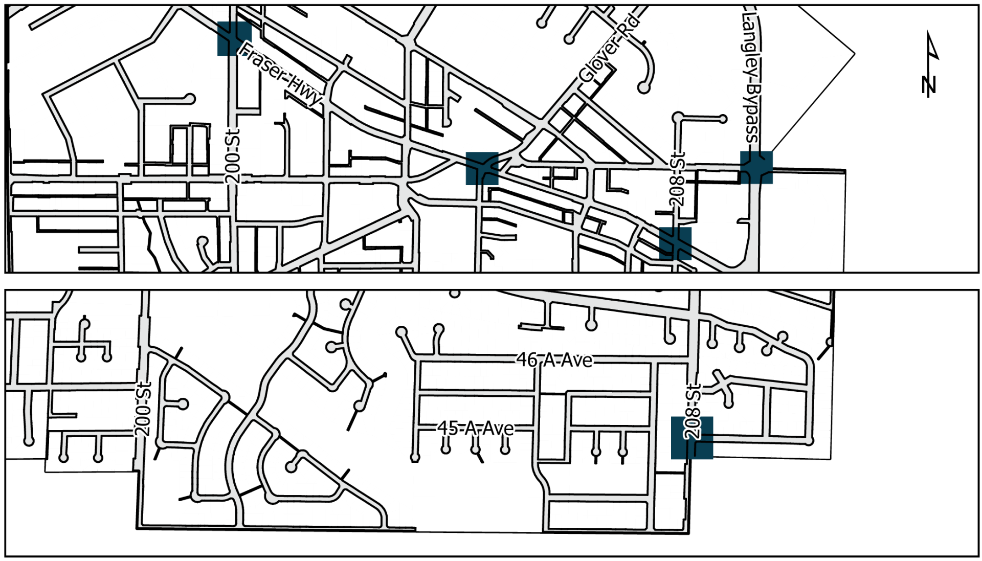 Map of traffic signal projects. The project areas are all coloured in black.