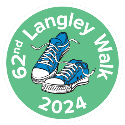 Langley Walk Crest featuring a blue pair of sneakers on a green circle background with the text 62nd Langley Walk 2024 circling the sneakers