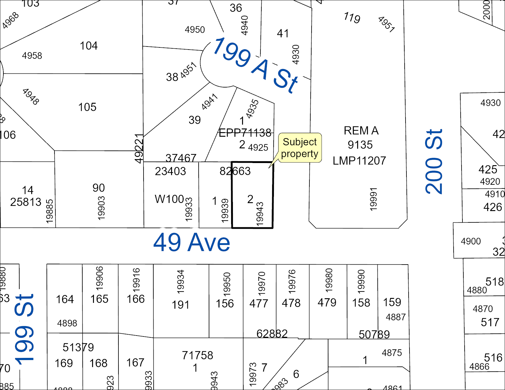 Map identifying location of the subject development application at the northwest corner of 49 Avenue and 199A Street.