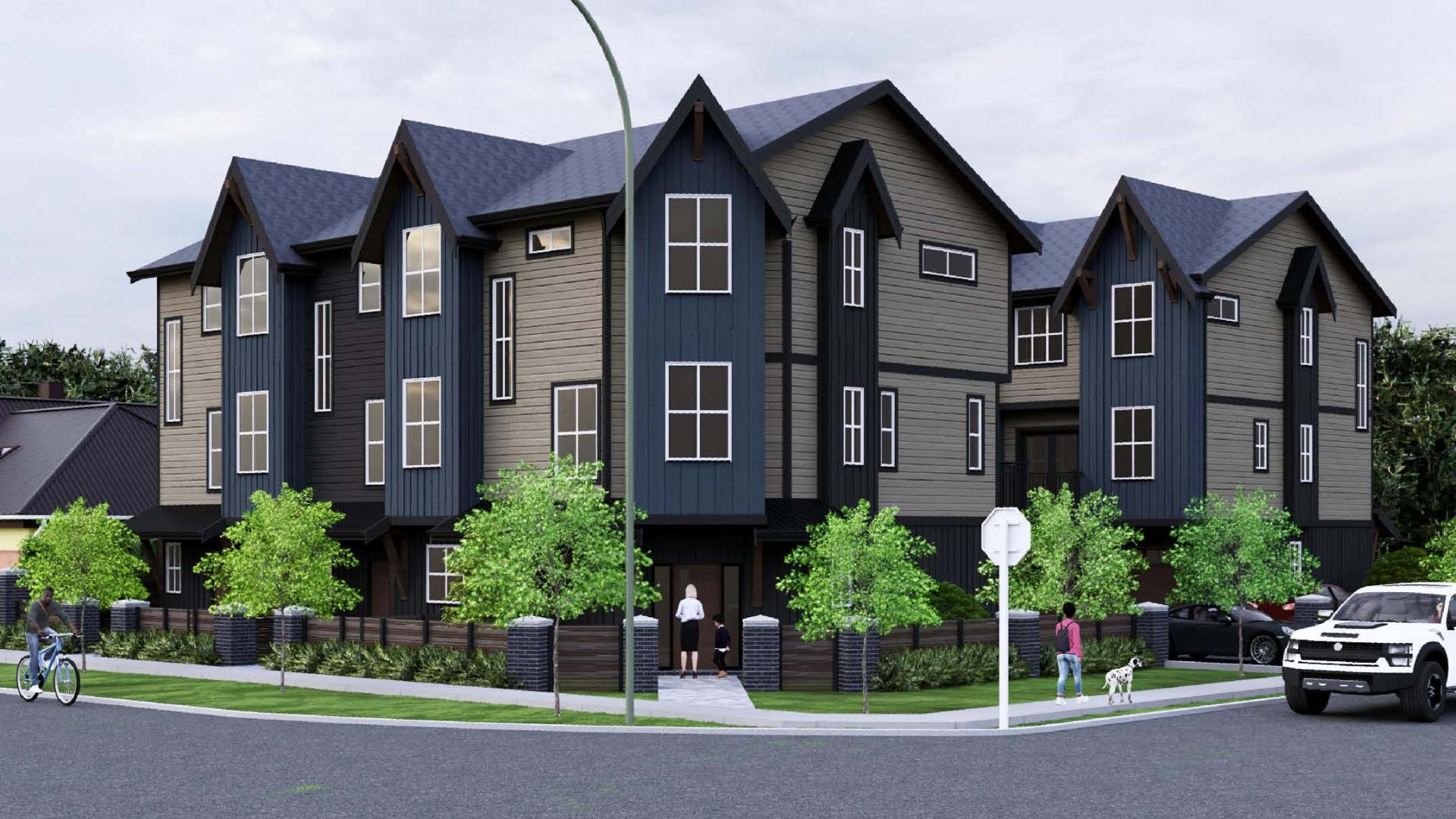 Rendering of 6-unit 3-storey townhome project with trees and a street in the foreground